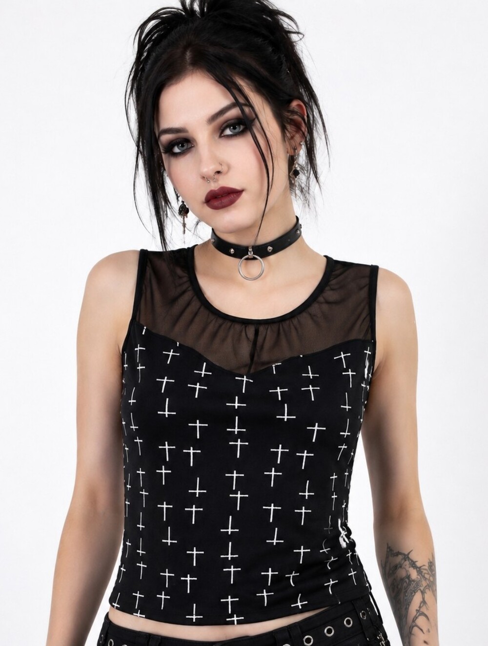 579 Y2K Cross Mesh Cropped Top